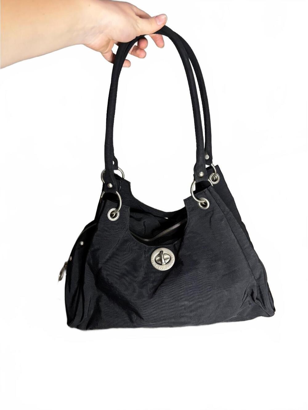 Baggalini Black Nylon Shoulder Bag with Silver Hardware